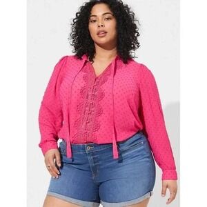 Nwt Torrid Womens Crochet Button Top Size 3X Pink Chiffon Clip Dot Office Career